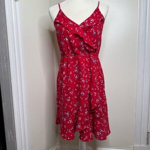 Dex Floral Faux Wrap Dress Red Woman’s Size Medium Ruffle Feminine Summer
